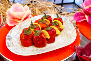 Mediterranean cuisine, olive oil, healthy and delicious  salad varieties with green vegetables.Vegetarian and vegan healty food, open buffet in a luxury hotel. Meze varieties, salad bar.