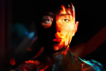 Surreal portrait with neon light effects and digital cyberspace concept