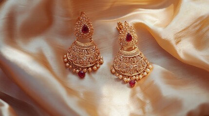Luxurious bridal Jhumka earrings encrusted small ruby stones and intricate filigree work placed on a satin fabric for an elegant showcase