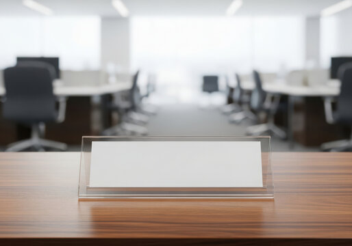 Blank nameplate on a wooden desk in a modern office setting