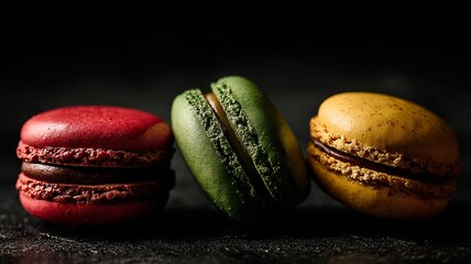Delicious macaroni displayed in the center of the image, a typical French dessert