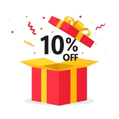 Ten percent discount emerges from an opened red gift box with confetti.
