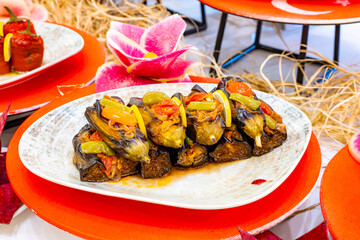 Mediterranean cuisine, olive oil, healthy and delicious  salad varieties with green vegetables.Vegetarian and vegan healty food, open buffet in a luxury hotel. Meze varieties, salad bar.