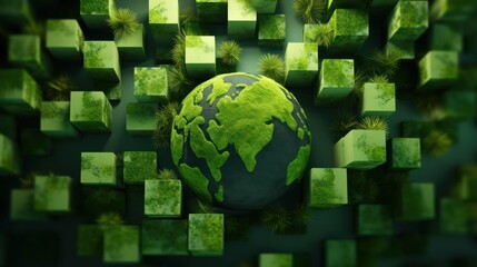 Abstract Green Earth Surrounded by Cubes - A Sustainable Future Concept.