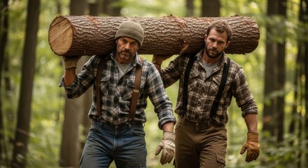 Two male lumberjacks carrying a heavy log on their shoulders through a green forest, showing teamwork and hard labor in nature. Wood industry concept.