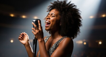 Woman singer performing with a vintage microphone on stage. Music concert and live show concept. African American female vocalist.