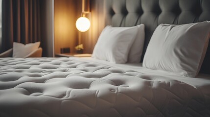Luxurious hotel quality mattress a sophisticated bedroom setting with plush pillows layered bedding and soft lighting creating a premium experience focused on relaxation