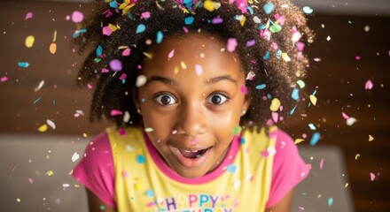 Fototapeta premium Little african american girl looking up with wide eyes as colorful confetti falls. Happy child having fun at a Birthday party celebration.
