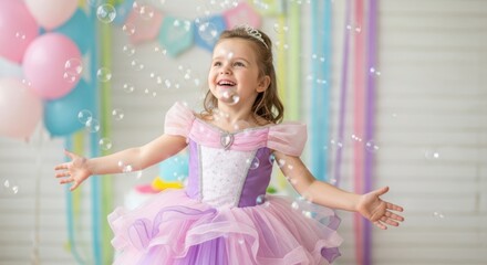 Naklejka premium Smiling little girl in a princess dress playing with soap bubbles. Childhood dream and celebration concept for birthday card design.