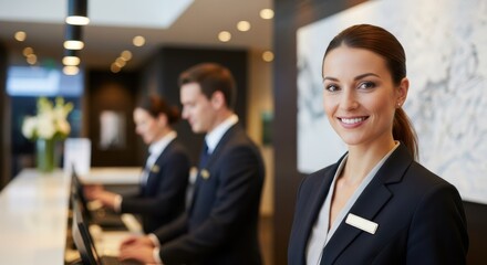 Woman receptionist smiling at hotel front desk with colleagues. Professional hospitality staff working for customer service.