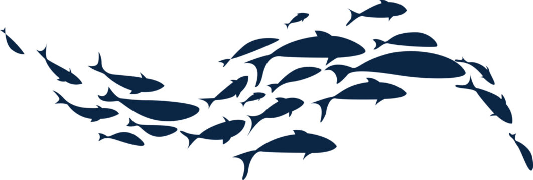School of fish silhouettes in motion marine life shoal Illustration, Ocean wildlife swimming pattern, Underwater aquatic animal group vector design.