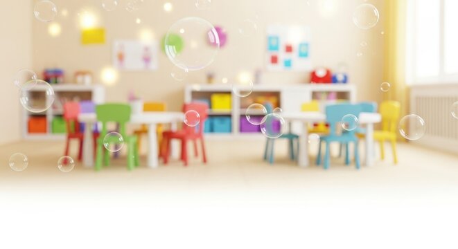 Flying soap bubbles in a blurred kindergarten classroom with colorful chairs and tables. Playful and bright learning environment for children, a joyful background.