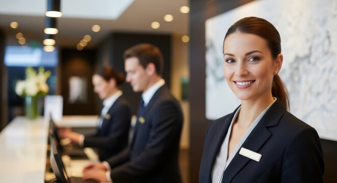 Woman receptionist smiling at hotel front desk with colleagues. Professional hospitality staff working for customer service.