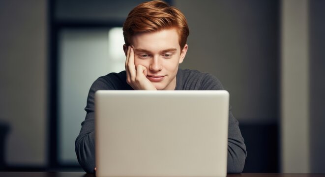 Young man with red hair looking intently at a laptop screen. Student learning and researching online with technology. Telecommuting concept. Love chatting