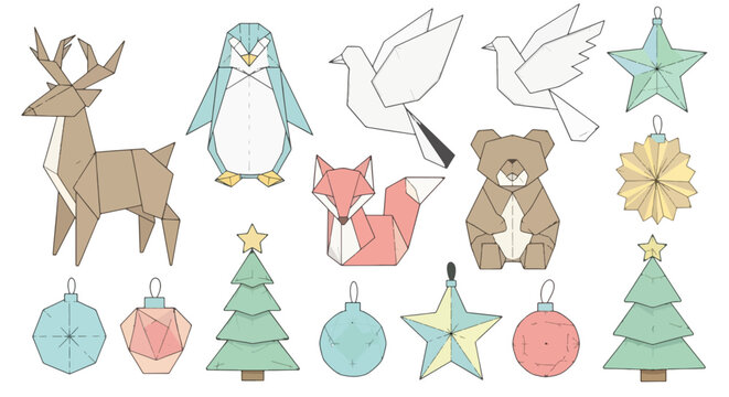 Geometric Christmas Vector Set with Origami Animals and Decorations &ndash; Modern Holiday Design Elements