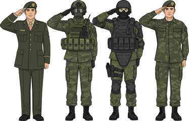 Fototapeta premium Professional Military Personnel Saluting in Detailed Illustrations, Showcasing Different Types of Combat Uniforms, Tactical Vests, and Modern Headgear for Defense.