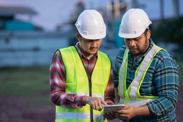 Engineer pointing to factory direction while another records details on a tablet, emphasizing communication and digital technology in construction.