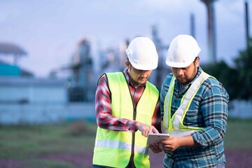 Two engineers reviewing project data on tablet at construction site, symbolizing modern teamwork and digital transformation in industry.