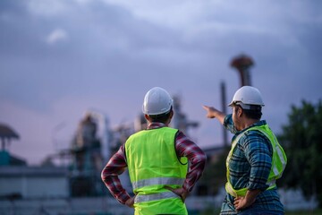 Engineers wearing safety helmets and reflective vests discussing project direction while one points toward the industrial plant in the distance.