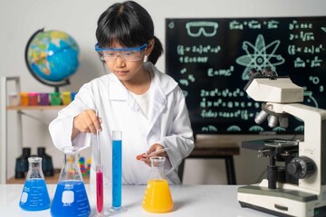 Girl student in white lab coat experimenting with colorful chemical liquids in a science classroom, learning through hands-on STEM education.