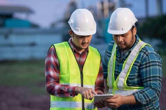 Engineer pointing to factory direction while another records details on a tablet, emphasizing communication and digital technology in construction. - Powered by Adobe