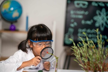 A child wearing large magnifying goggles examines a plant's leaves. This combines the study of botany with fun, hands-on activities, like the colorful slime on the table.