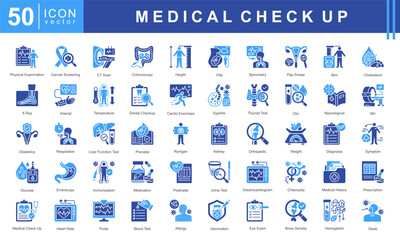 Medical Checkup icon set featuring physical exam, cancer screening, CT scan, X-ray, diagnosis, immunization, blood test, and medical history. Ideal for healthcare, clinics, and wellness services.