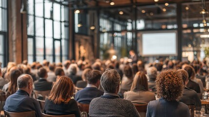 Engaging conference presentation with diverse audience in modern loft venue ready for professional events and corporate meetings or inspirational seminars