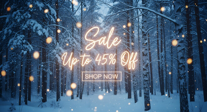 Snowy Forest Sale Up to 45% Off with Glowing Lights and Shop Now Button discount offer - Powered by Adobe