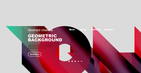 Fototapeta premium Modern website header design. Geometric shapes, vibrant colors, text overlay, navigation menu present. Clean, professional aesthetic.