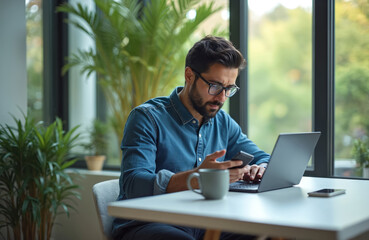 Man works on laptop at table in home office. He holds phone in hand. Person wears glasses and denim shirt. Natural light fills room. Plants near window.
