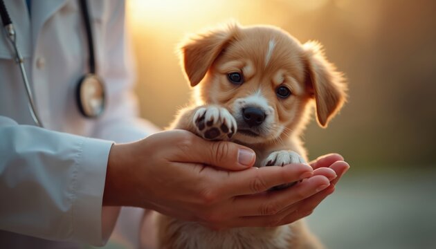 Vet examines cute puppy paw in clinic with soft light. Veterinarian gently holds small dog offering care and compassion. Animal lover checks pet health for wellbeing.