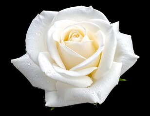 Delicate white rose with water droplets on petals against black.