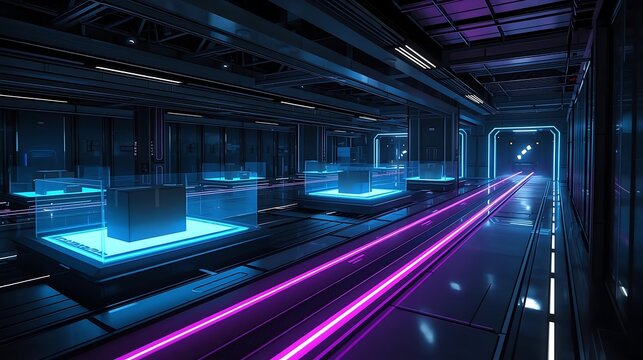 Futuristic server room with glowing blue and purple neon lights.