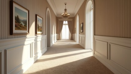 Long hallway with carpet, white wainscoting, striped wallpaper, and framed art. Sunlight streams through arched windows and illuminates a central chandelier, creating a bright, elegant interior space.