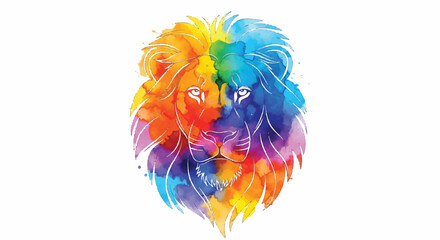 This powerful watercolor splash vector illustration of a majestic lion's head is filled with bright, energetic abstract textures, standing out vividly against a clean white backdrop.