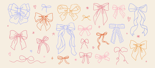 Assorted colorful ribbon bows hand drawn design in pastel shades scattered on a light background