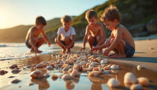 Group of young boys examine seashells on sandy beach shoreline at sunset. Children explore ocean coast, collect shells during summer vacation with pure joy.
