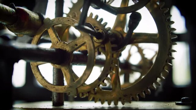 Macro of clock gears, intricate timekeeping mechanism, in motion, with bokeh background, for concept art