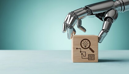 Robotic hand places a wooden block with icons representing innovation, search, and technology, symbolizing ai development