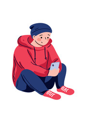 young boy feeling down with mobile phone flat vector art