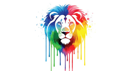 A striking flat 2D vector illustration of a majestic lion portrait features vibrant abstract colorful watercolor paint dripping down from the mane on a clean white background.