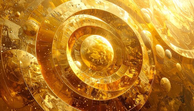 Ornate gold-toned abstract art featuring concentric circles and floating spheres