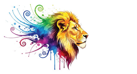 Flat 2D profile illustration of a powerful lion face featuring vibrant multicolor watercolor splashes against a clean, isolated white background.