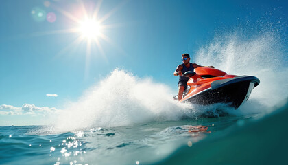 Fototapeta premium Man rides jet ski on bright sunny day creating large water splash. He speeds across blue ocean waves enjoying summer vacation fun and freedom on fast watercraft.