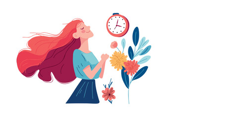 flat vector illustration of woman balancing schedule and clock