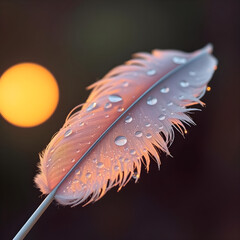A delicate feather covered in water droplets at sunrise