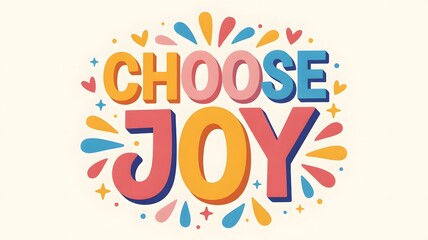 Bright motivational typography design with text "Choose Joy" on white background, colorful positive quote for happiness, self love, inspiration, and mental wellbeing