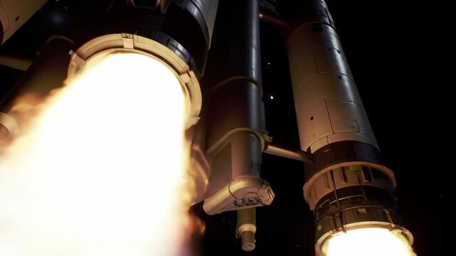 Rocket engines firing, launching to space in night sky, for futuristic, exploration theme