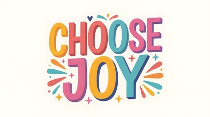 Bright motivational typography design with text "Choose Joy" on white background, colorful positive quote for happiness, self love, inspiration, and mental wellbeing
